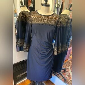 Lauren by Ralph Lauren Navy 3/4 Sleeve Ruched Midi Dress, Size 10